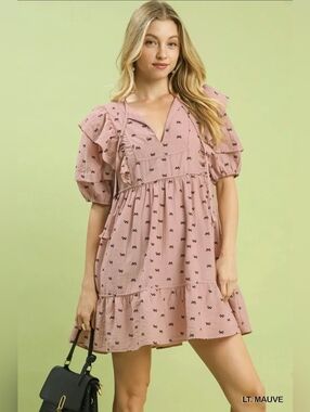 UMGEE Bohemian Dusty Pink Bow Print Mini Dress Size L NWT
